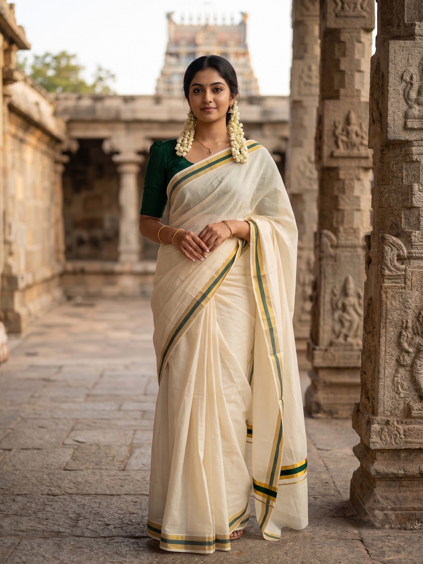 Southloom Kerala Cotton Kasavu Saree with Green Border