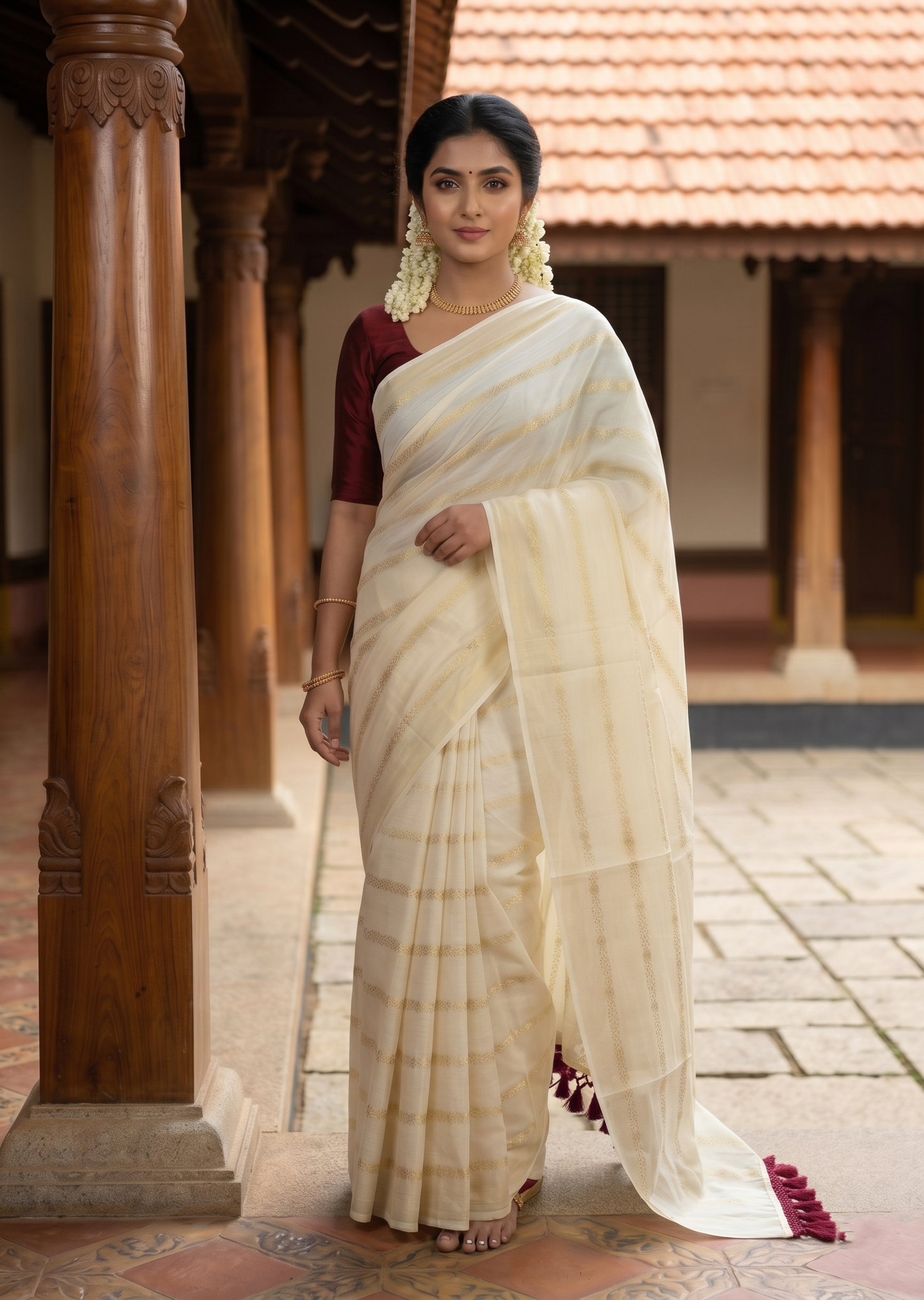 Southloom Kerala Cotton Kasavu Saree with Stripes on Body and Maroon Tussels