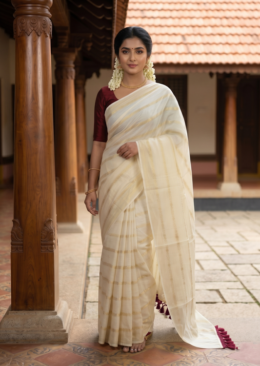Southloom Kerala Cotton Kasavu Saree with Stripes on Body and Maroon Tussels