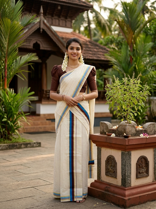 Kerala Cotton Kasavu Set Mundu (Mundum Neriyathum) with Brown and Blue Border in 2.80 Mtrs