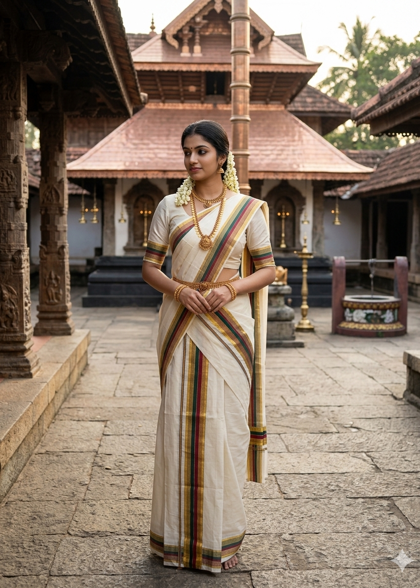 Kerala Cotton Golden Kasavu With Green & Maroon Kara Single Set Mundu (2.80 mtrs) SLKK SL419