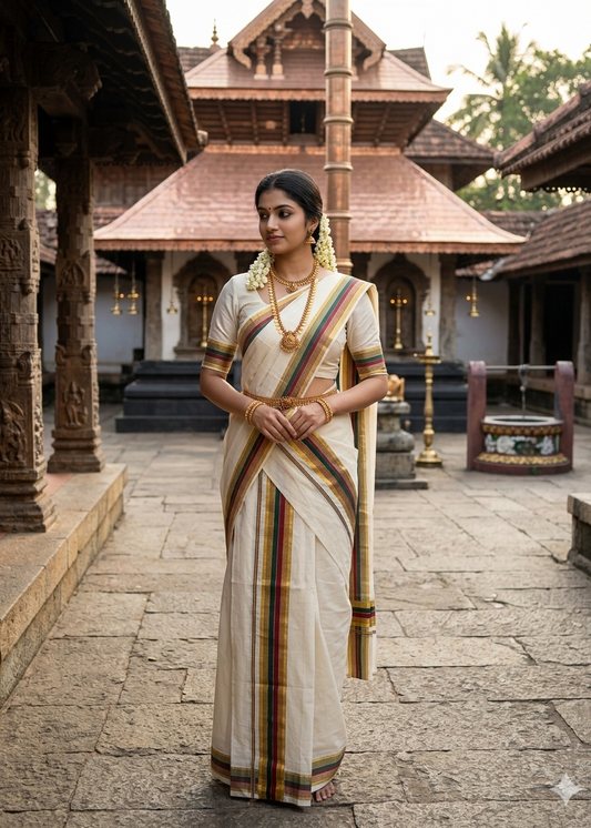 Kerala Cotton Golden Kasavu With Green & Maroon Kara Single Set Mundu (2.80 mtrs) SL419