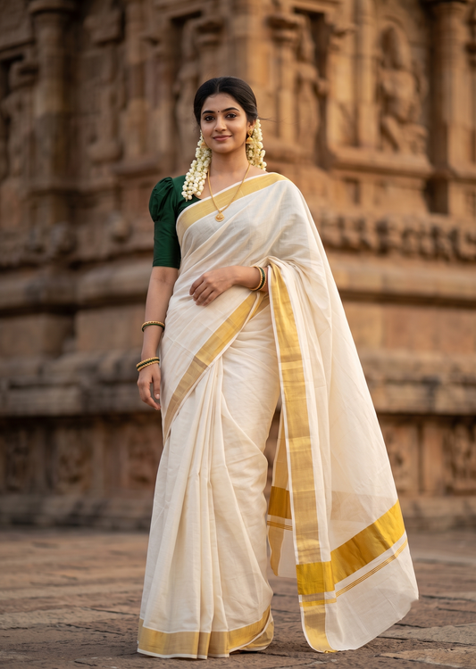 Southloom Super Premium Balaramapuram Handloom Cotton Saree With Chutti Kara Design And Gold Kasavu on Border In 4 Inch