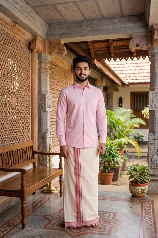 Southloom Premium Handloom Cotton Double Mundu with Silver Kasavu And Pink Lines Border