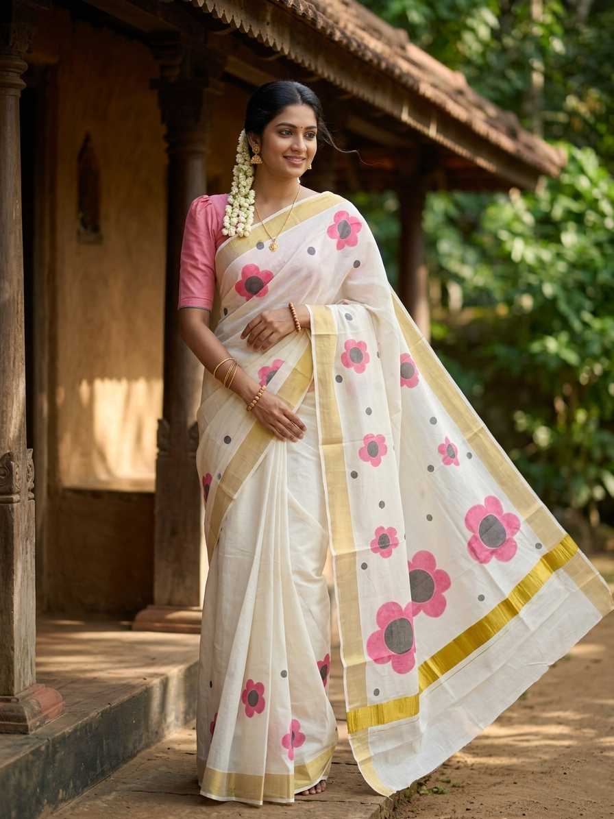 Southloom Exclusive Onam Kasavu Saree with High Quality Digital Pink Floral Print Across Body (Matching Printed Blouse Included)