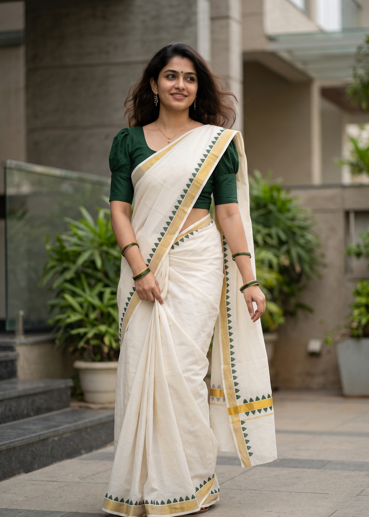 Southloom Kerala Cotton Kasavu Saree With Green Printed Design On Borders