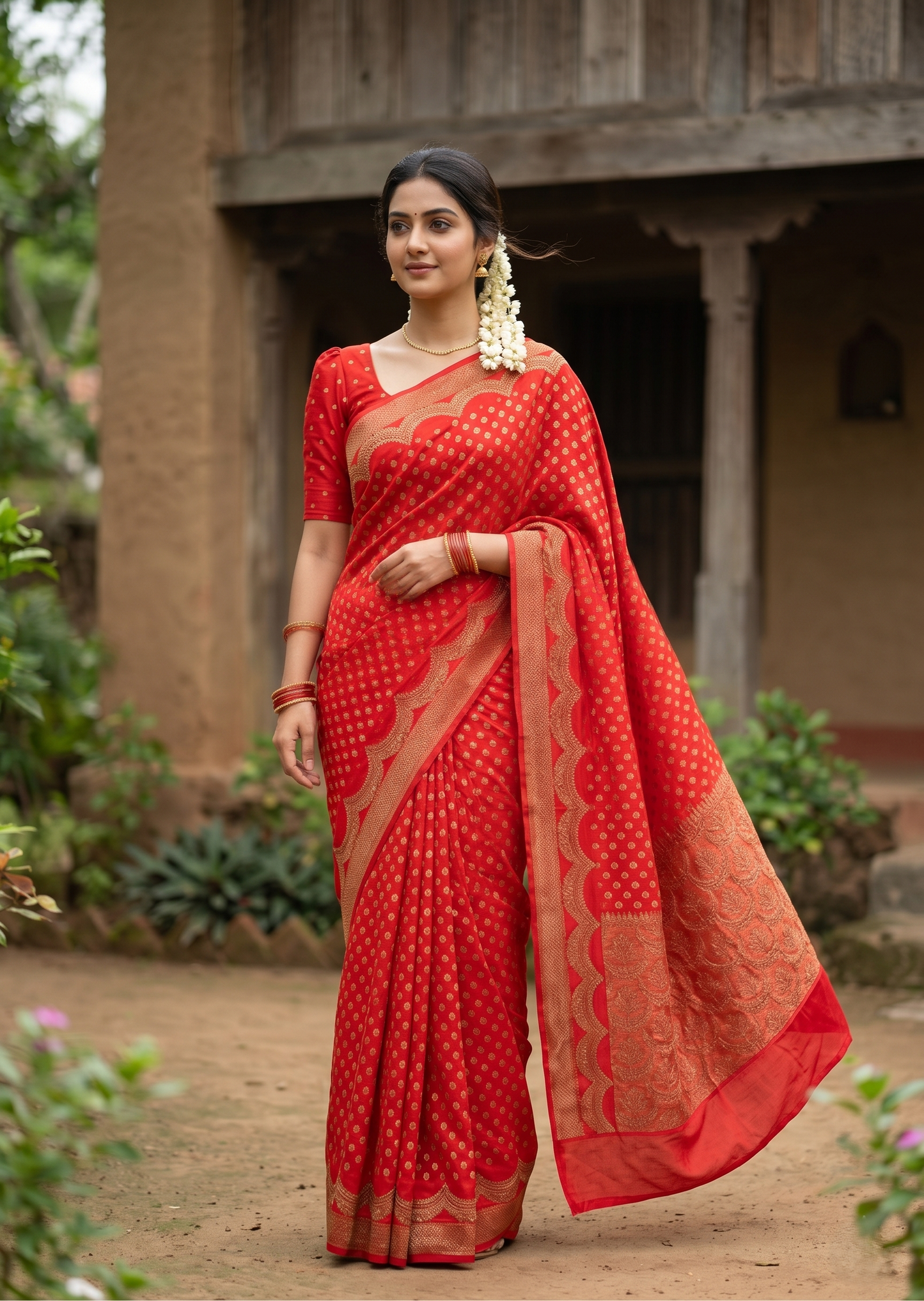 Southloom Munga Silk Saree with Woven Work on Body and Borders (Red)