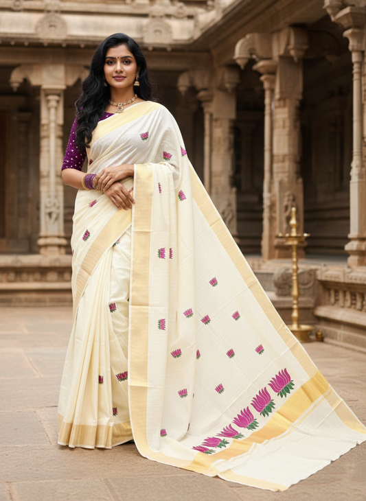 Southloom Kerala Cotton Kasavu Line Saree with Purple Lotus Embroidery Works