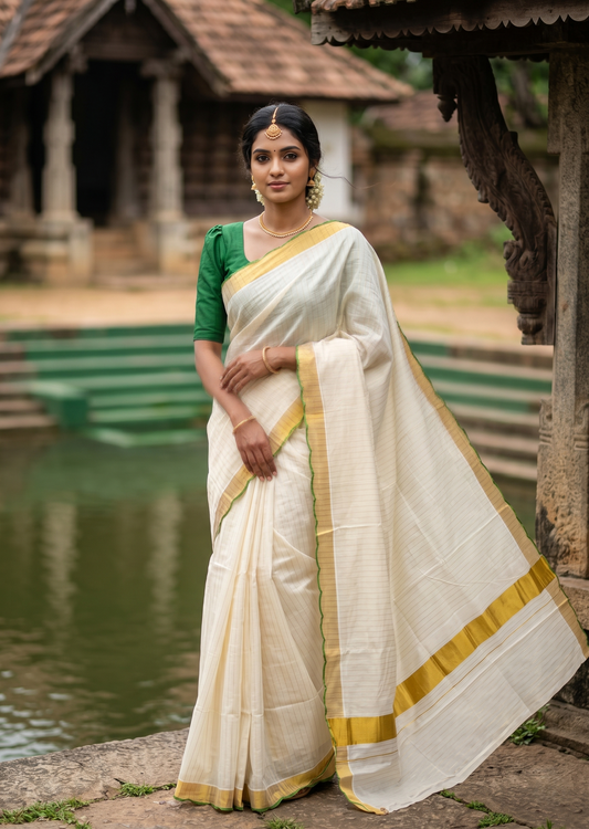 Southloom Pure Cotton Kerala Kasavu Saree with Stripes on Body and Scalloped Border in Olive Green SL484