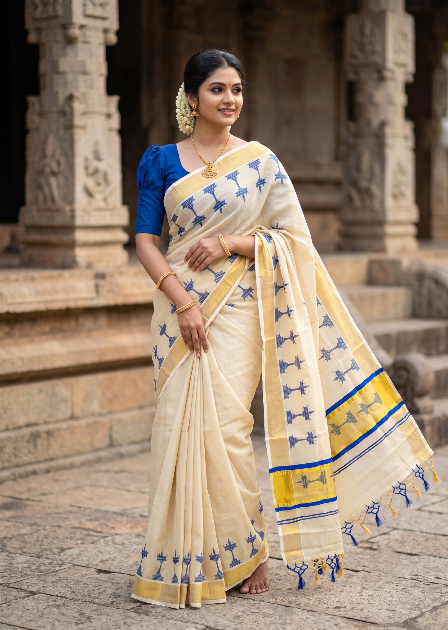Southloom Kerala Tissue Saree with Nilavilakku Digital Print Design in Blue SL568
