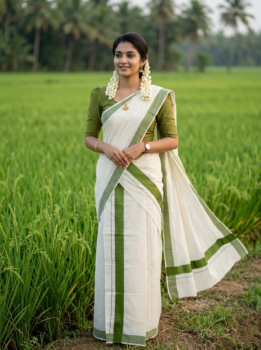Kerala Cotton Mundum Neriyathum Single (Set Mundu) with Plain 2 inch Green Kara 2.80 Mtrs
