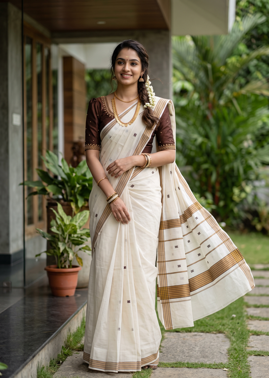Southloom Super Premium Balaramapuram Handloom Cotton Saree with Brown Butta Work on Body on Border