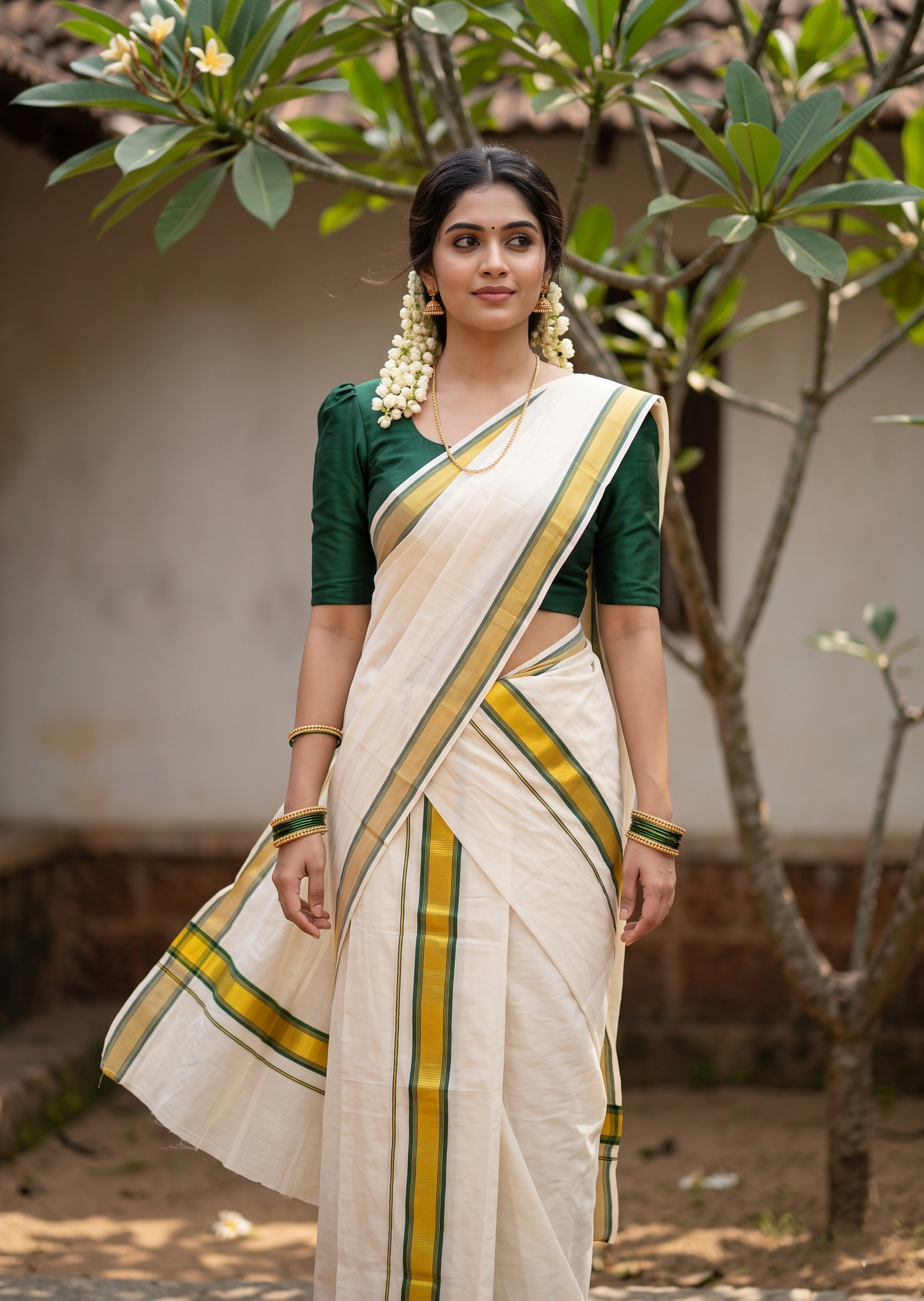 Kerala Cotton Set Mundu (Mundum Neriyathum) with Kasavu and Dark Green Border 2.80 Mtrs SLKK SL470