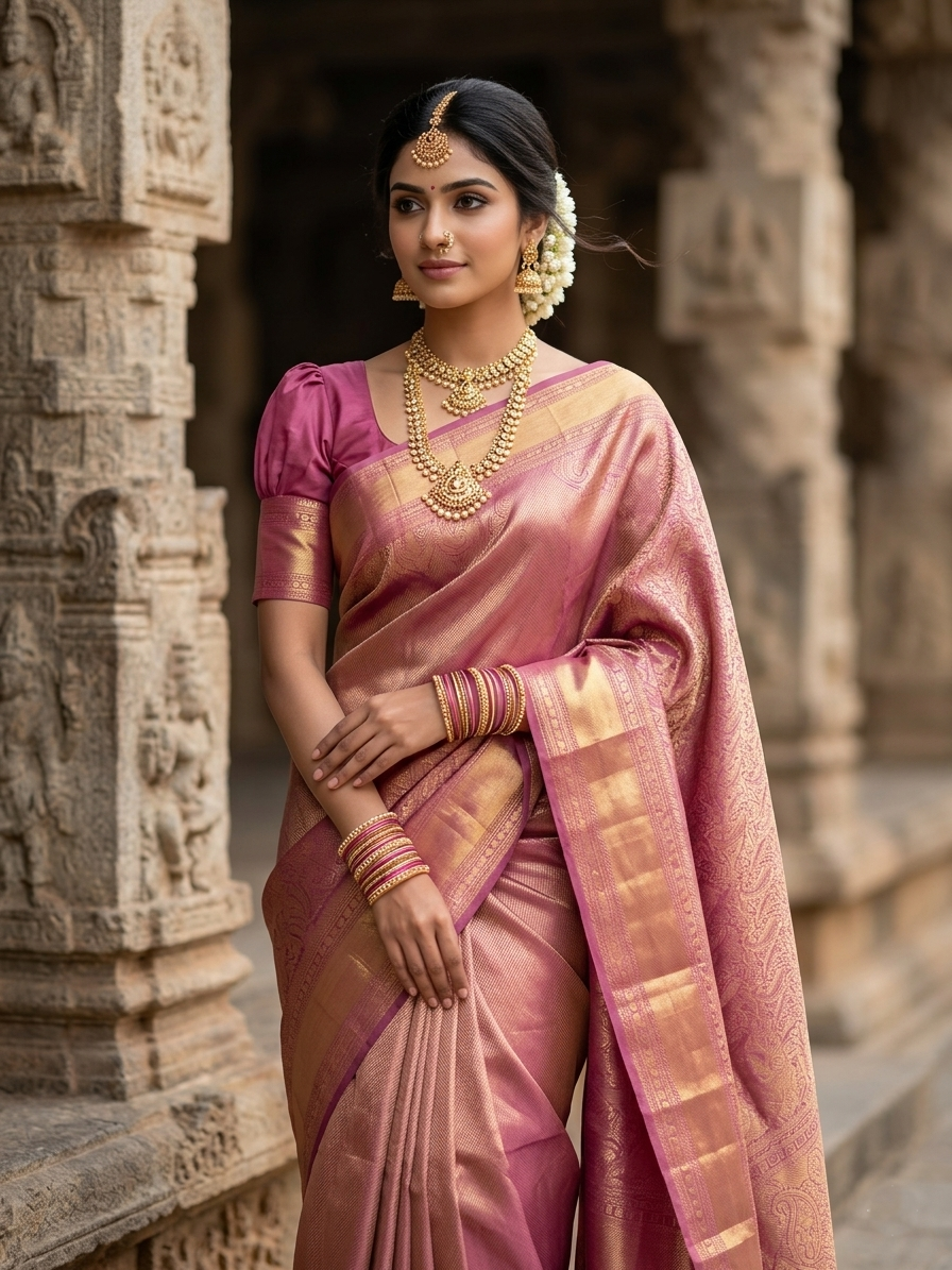 Southloom Premium Semi Silk Zari Work Brocade Saree in Bridal Pink with Matching Pallu