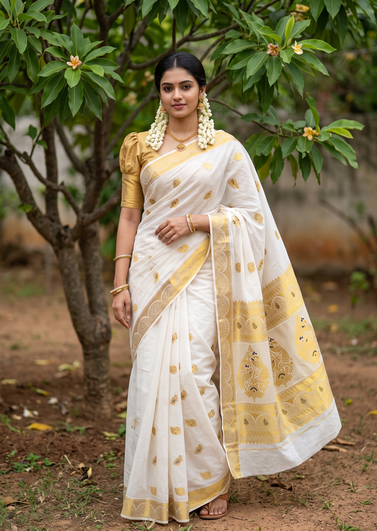 Southloom Tissue Kerala Kasavu Heavy Work Saree with Peacock Woven Design on Borders
