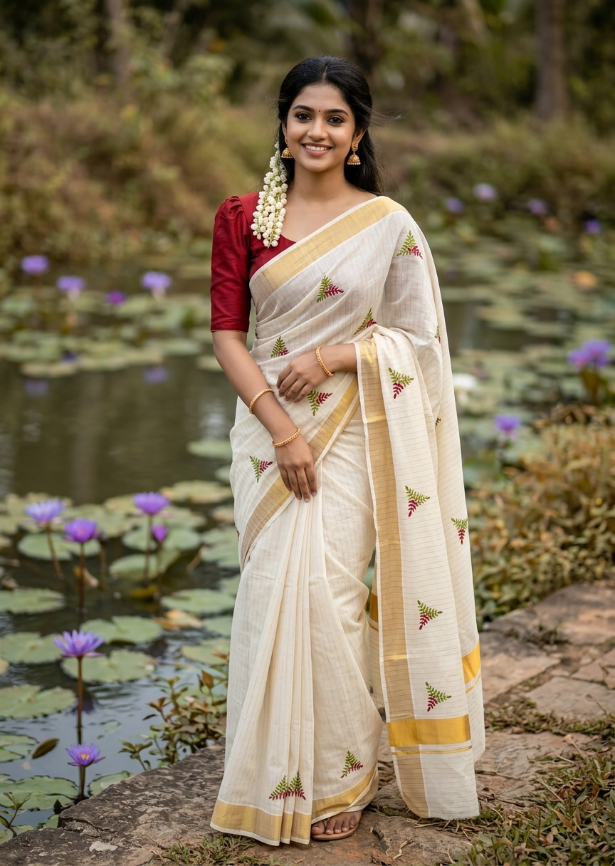 Southloom Kerala Cotton Kasavu Stripes Saree with Floral Embroidery Design in Red and Green
