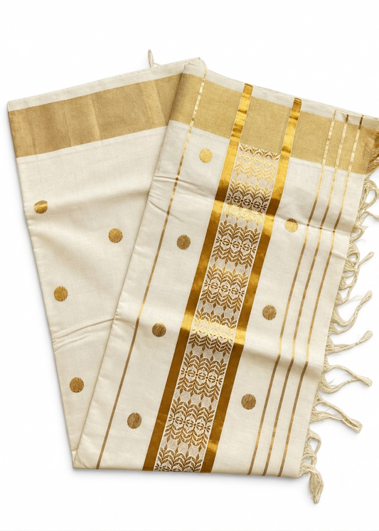 Southloom Kerala Cotton Handloom Balaramapuram Saree With Gold Polka Dot Design On Body SL635