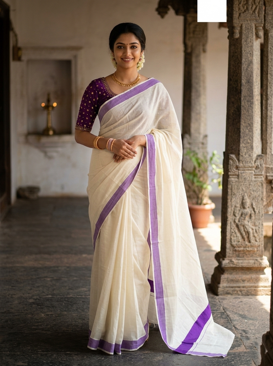 Southloom Kerala Pure Cotton Plain Kasavu Saree with Violet Border