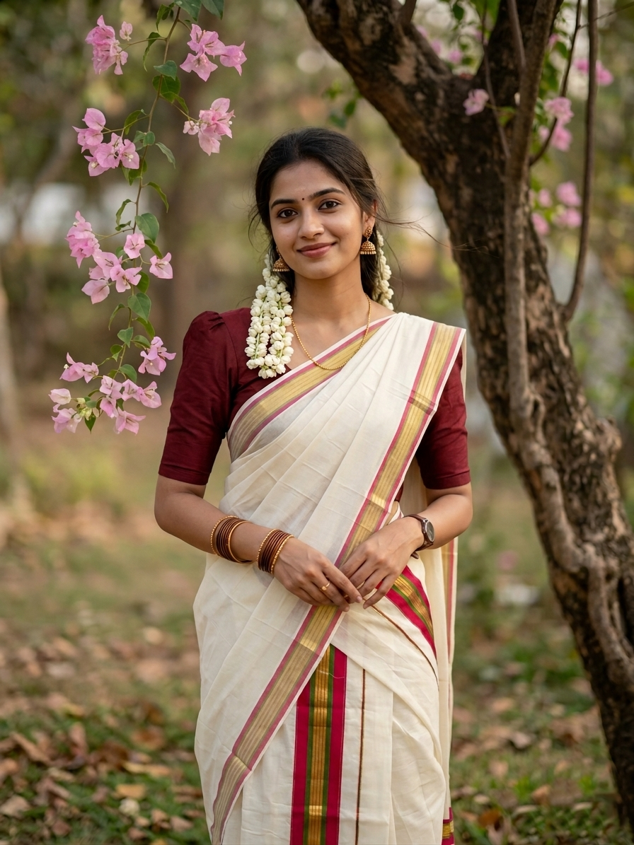 Kerala Cotton Kasavu Set Mundu (Mundum Neriyathum) with Magenta and Green Border in 2.80 Mtrs SLKK SL470