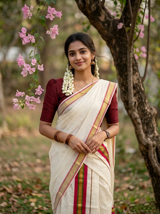 Kerala Cotton Kasavu Set Mundu (Mundum Neriyathum) with Magenta and Green Border in 2.80 Mtrs
