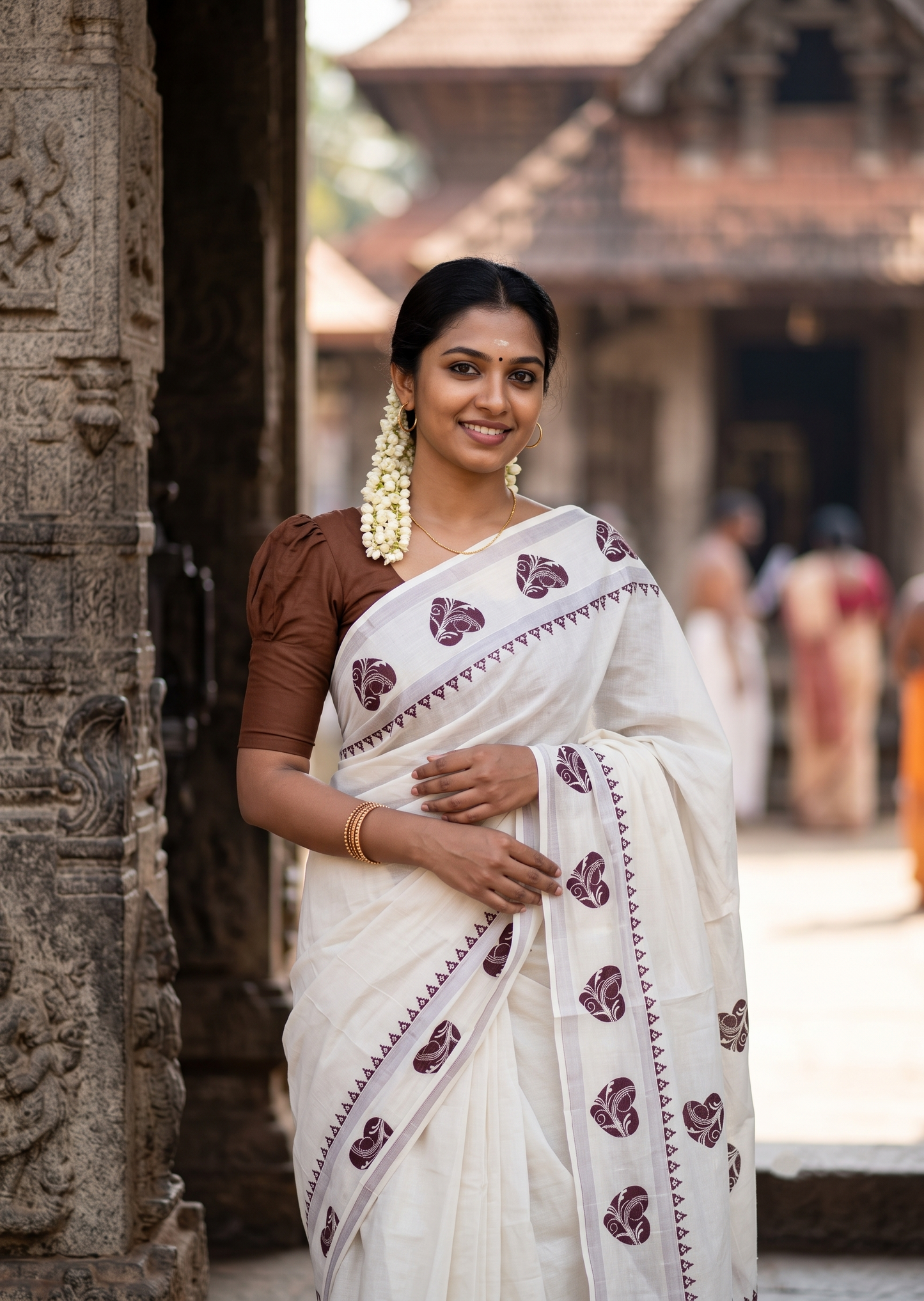 Southloom Cotton Kerala Kasavu Saree with Digital Print on Body in Brown SL533