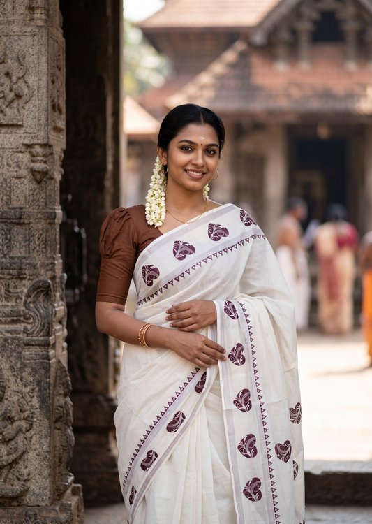 Southloom Cotton Kerala Kasavu Saree with Digital Print on Body in Brown SL533