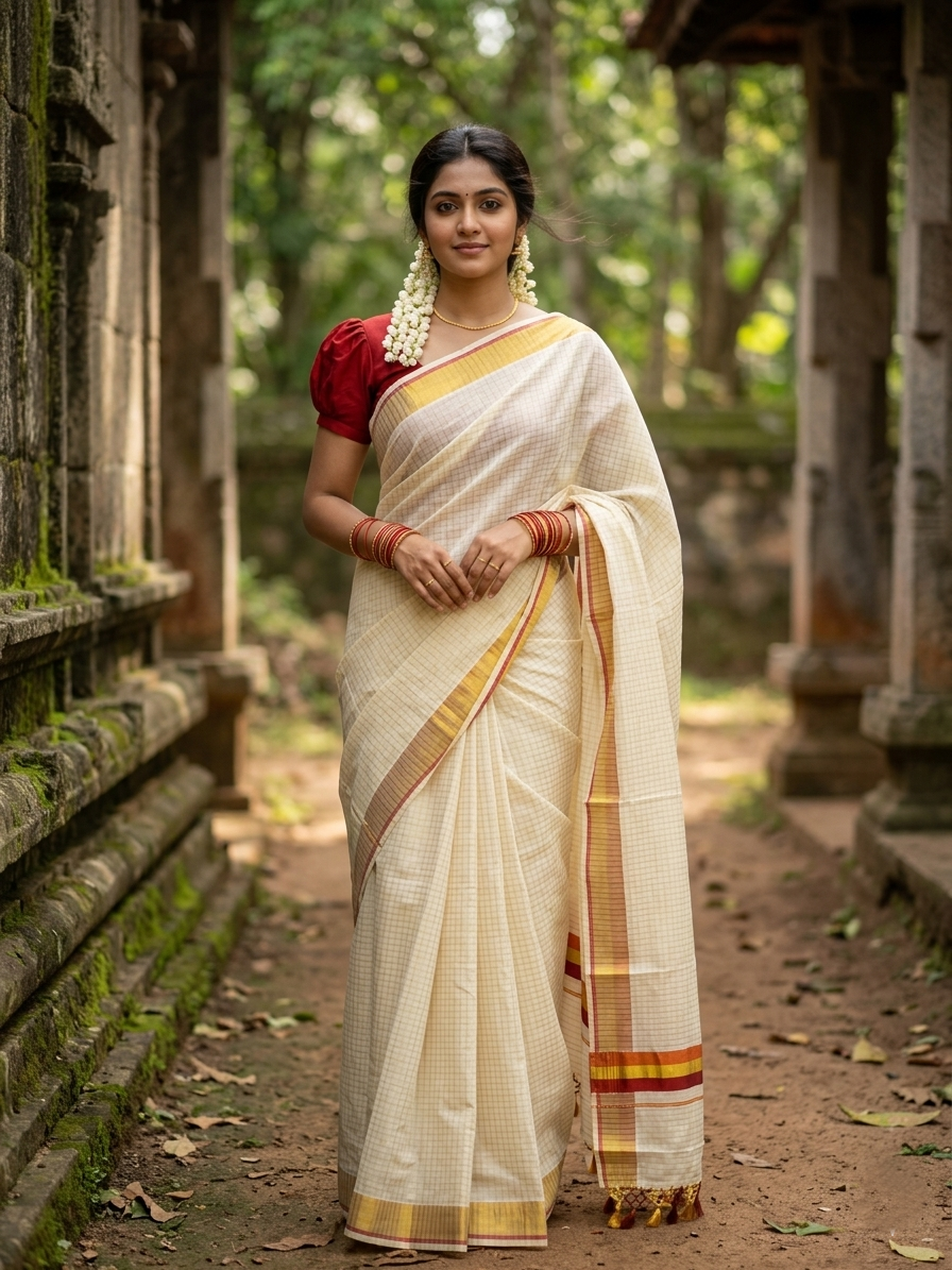 Southloom Pure Cotton Kerala Saree with Gold Kasavu Lines Across Body and Orange Border