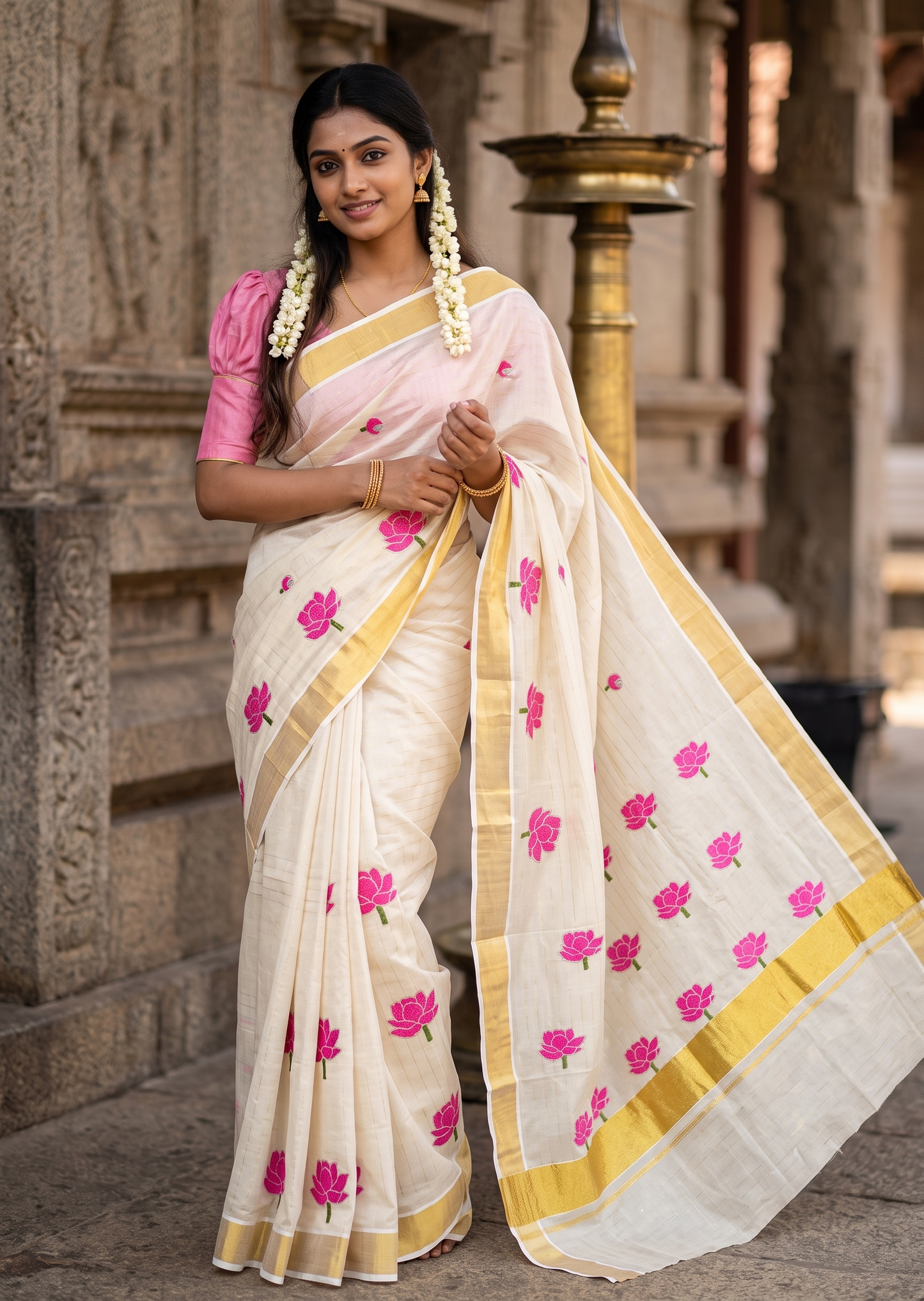 Southloom Kerala Tissue Lotus Pink Embroidery on the body with Gold Kasavu