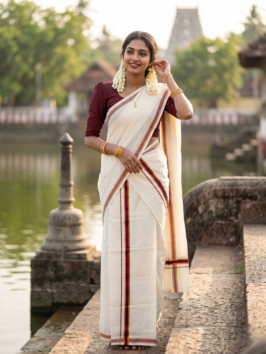 Southloom Pure Cotton Kerala Single Set Mundu (Mundum Neriyathum) with Maroon Kasavu Border in 2.80 Mtrs