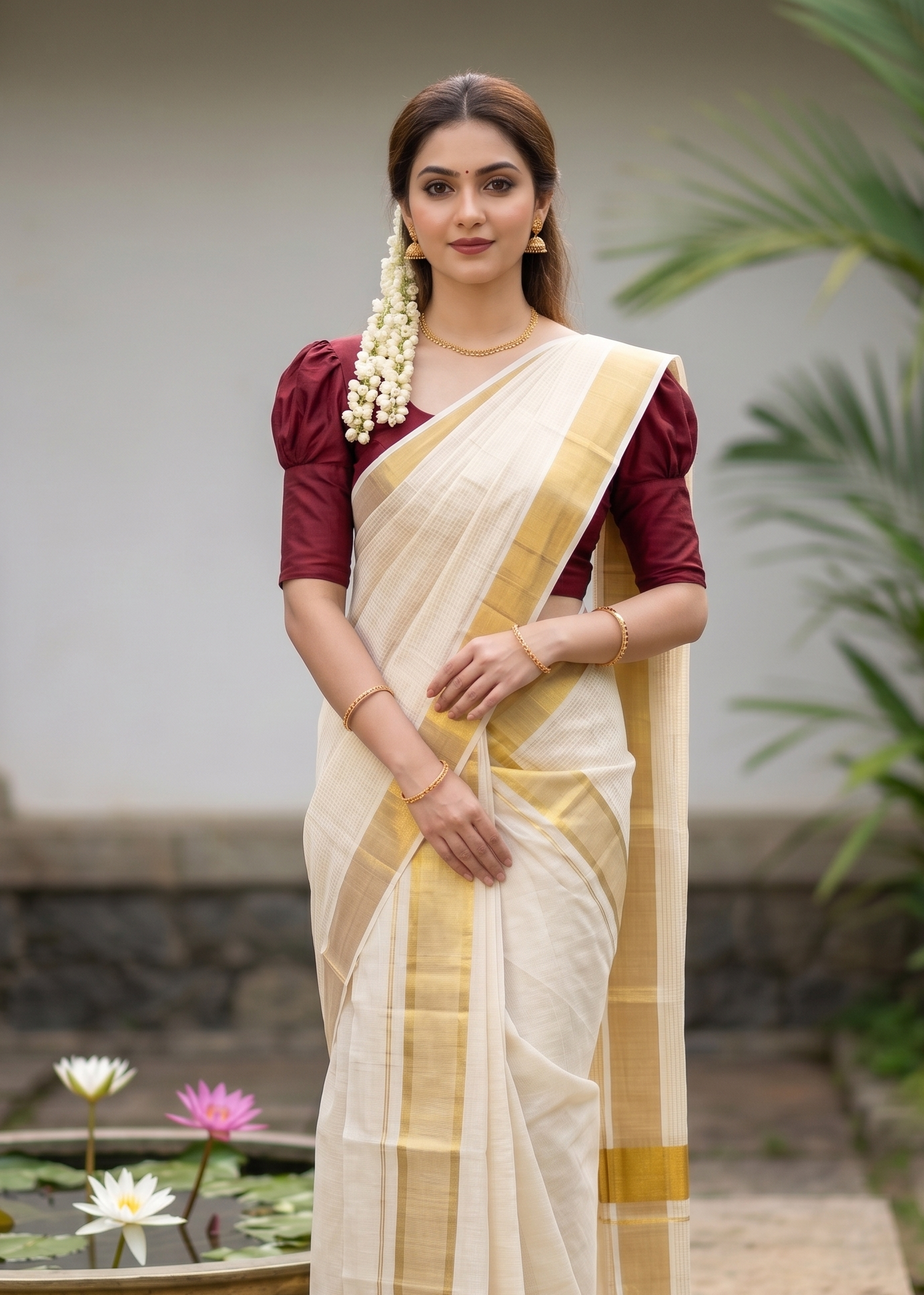 Southloom Pure Cotton Set Mundu with Gold Kasavu and Micro Stripes Across Body in 2.80 Mtrs SL405