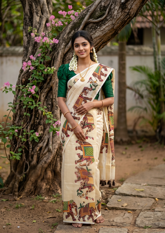 Southloom Tissue Single Set Mundu (Mundu Neriyathum) With Elephant Digital Print With Tussles in Brown 2.80 Mtrs SL392