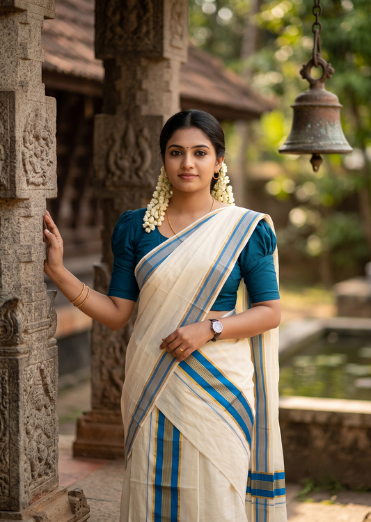 Southloom Kerala Cotton Kasavu Single Set Mundu (Mundum Neriyathum) with Blue Border SLKK SL518