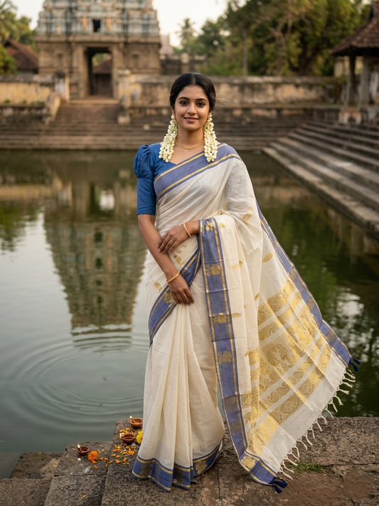 Kerala Kasavu Heavy Woven Work Cotton Saree with Blue Border