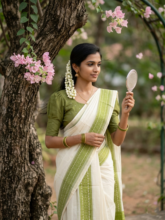 Kerala Cotton Single Set Mundu (Mundum Neriyathum) with Green Block print Border 2.80Mtrs