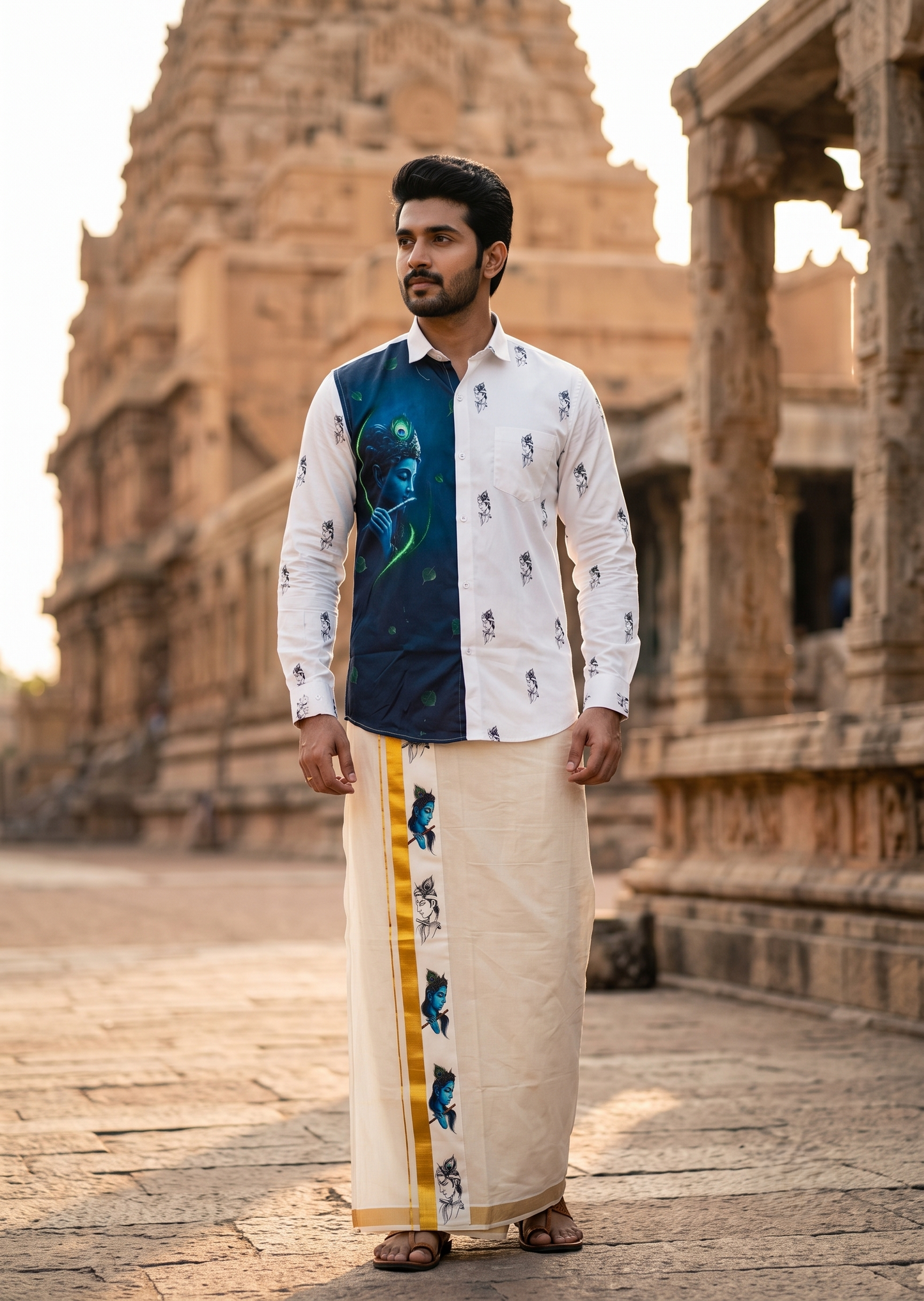 Southloom Premium Satin Krishna Digital Printed Design Men's Combo  (Shirt + Mundu) SL576