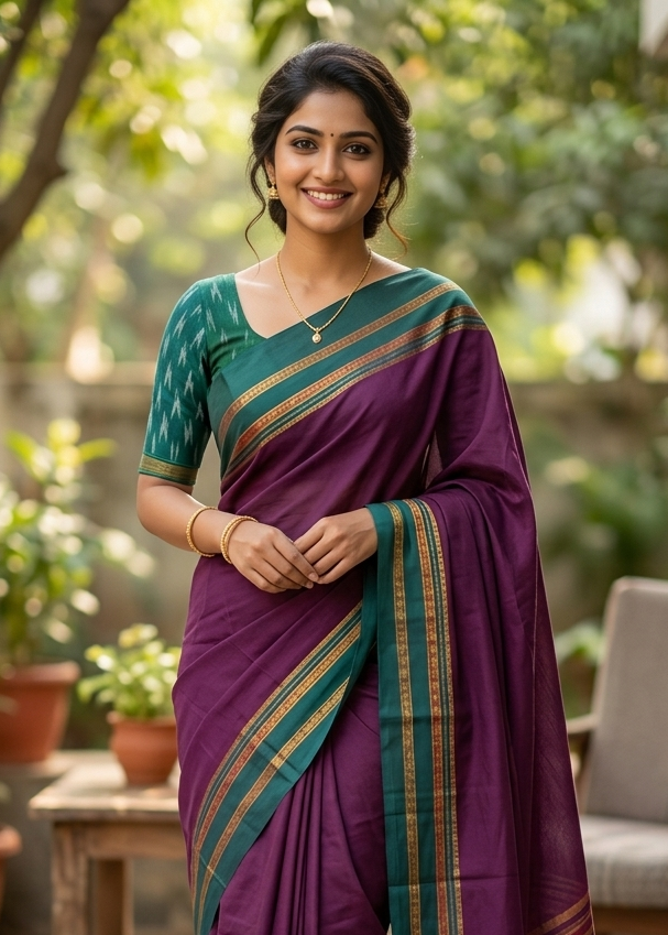 Southloom Gadwal Border Cotton Base Narayanpet Saree with in Purple and Green SL265