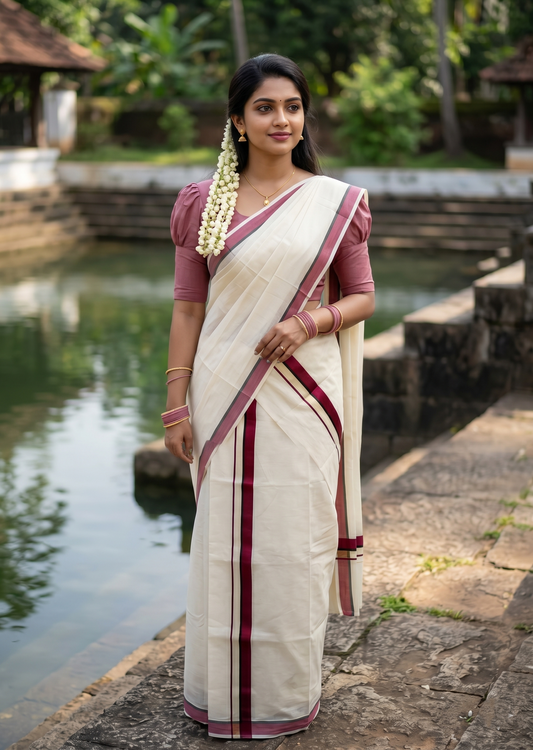 Southloom Pure Cotton Kerala Single Set Mundu (Mundum Neriyathum) Maroon Border 2.80 Mtr SL345