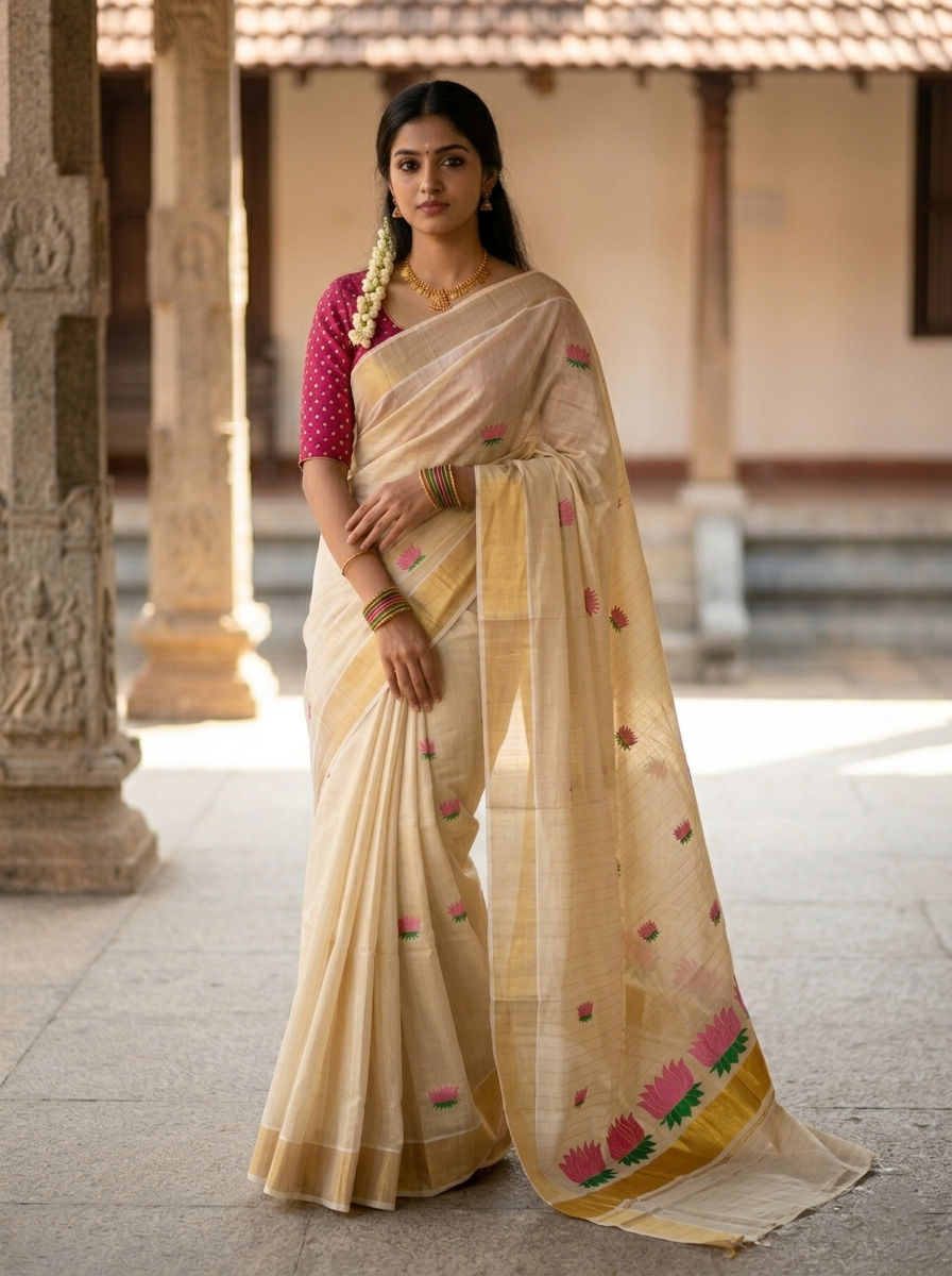 Southloom Kerala Tissue Lines Kasavu Saree with Pink And Green Lotus Embroidery Works SL289