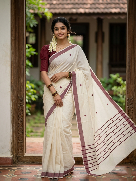 Southloom Kerala Pure Cotton Saree with Maroon Butta Embroidery Works on Body SL324