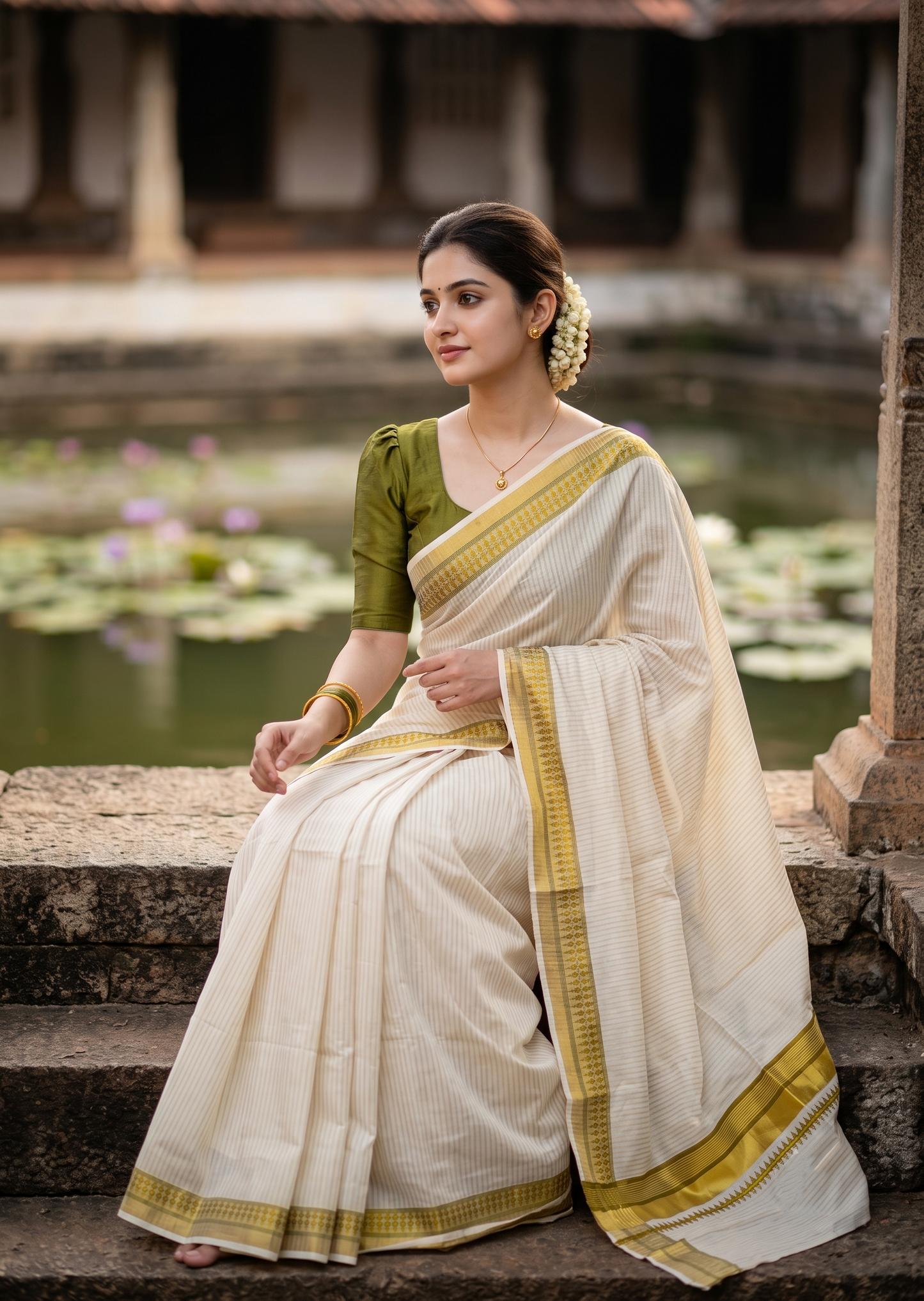 Southloom Kerala Cotton Kasavu Saree with Stripes on Body and Temple Print on Border in Olive Green SL512