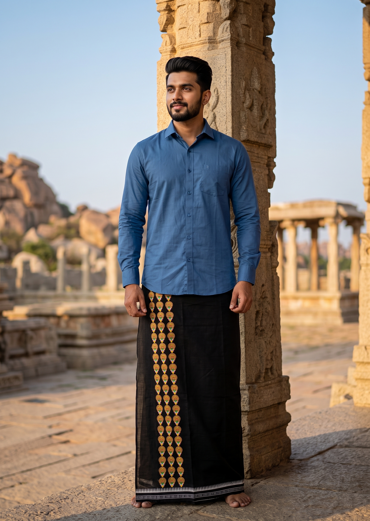 Southloom Black Printed Single Mundu / Otta Mundu / Lungi (South Indian Kerala Dhoti) with Kathakali Print