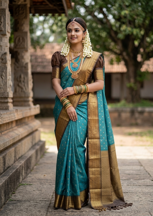 Southloom Pure Handloom Kanchipuram Silk Saree with Korvai Work (Golden & Blue)