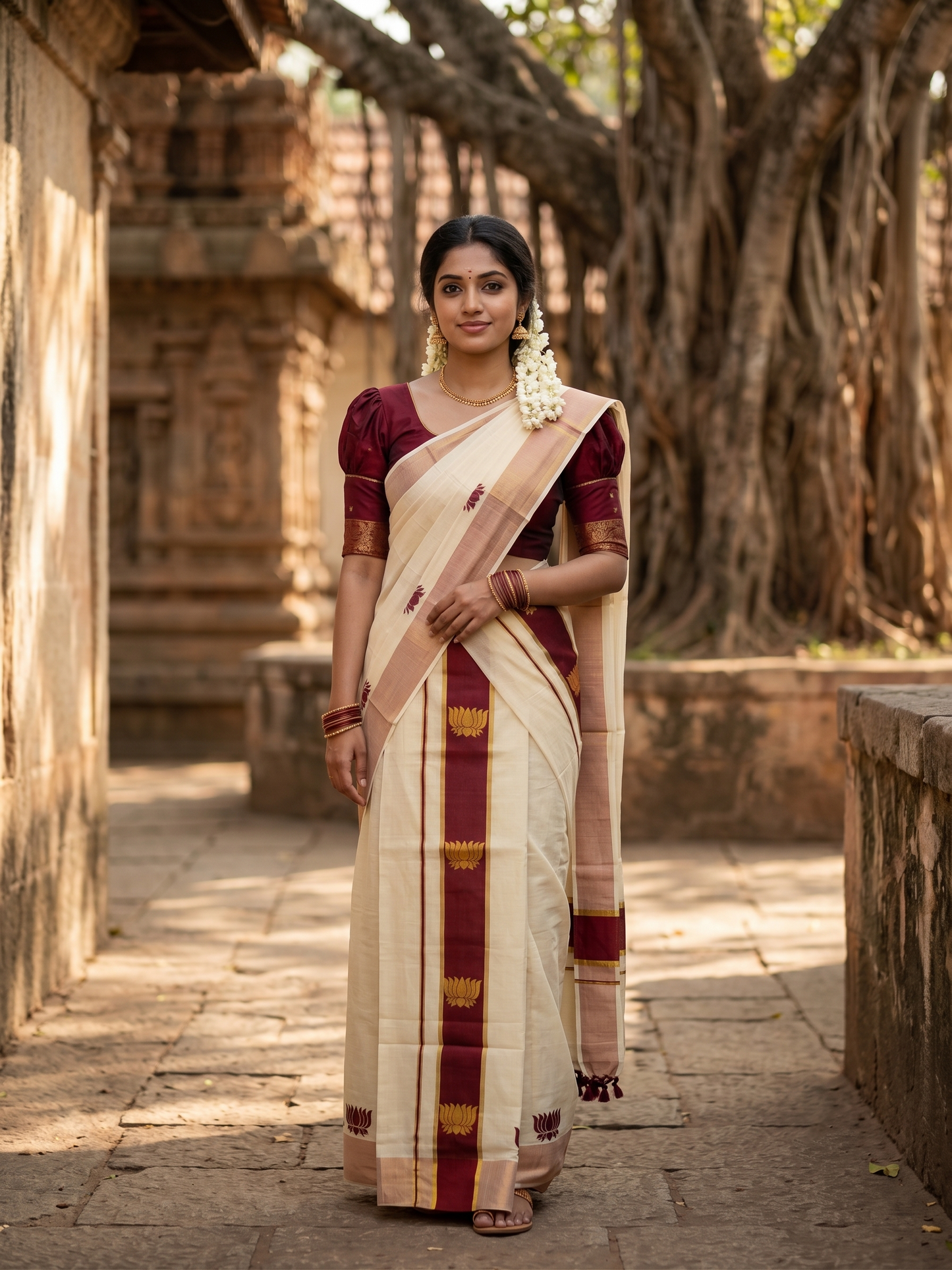 Southloom Kerala Cotton Kasavu Single Set Mundu (Mundum Neriyathum) with Lotus Design in Maroon SL546