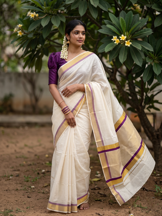 Southloom Kerala Pure Cotton Saree with Stripes on Body and Borders in  Purple SL334