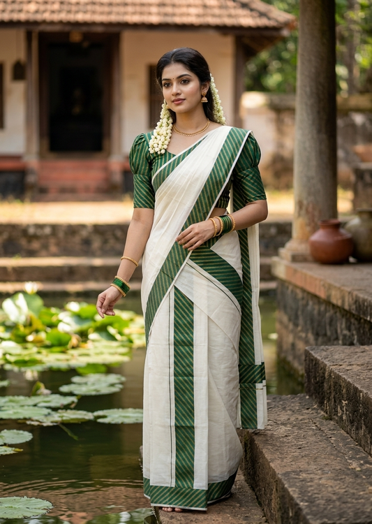 Southloom Pure Cotton Single Set Mundu (Mundum Neriyathum) With Green Border 2.80 Mtrs