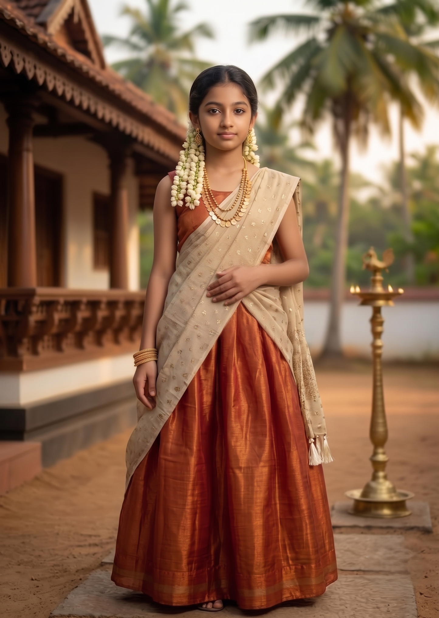Southloom Stitched Organza Dhavani Set with Pavada and Blouse Piece in Band orange SL595