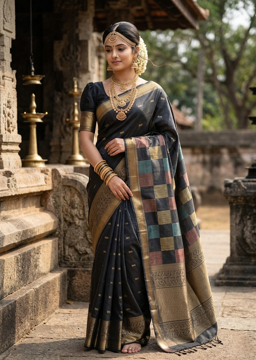 Southloom Pure Handloom Bridal Kanchipuram Silk Saree with Korvai Work (Black)