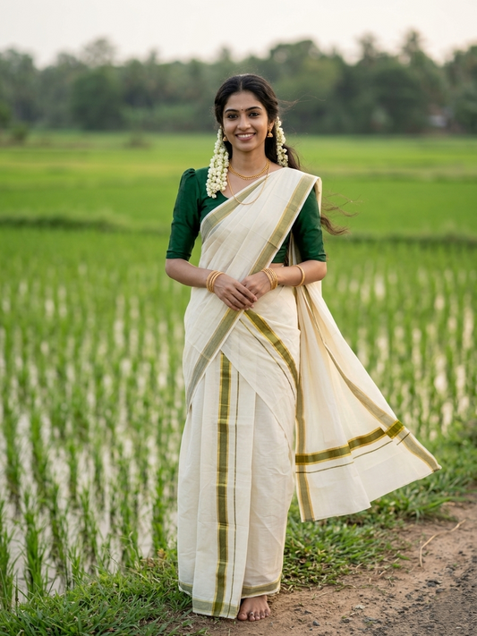 Southloom Pure Cotton Kerala Kasavu Set Mundu (Mundum Neriyathum) Kasavu & Dark Green Border in 2.80 Mtrs