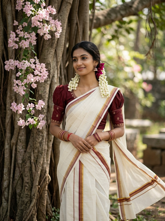 Pure Cotton Kerala Single Set Mundu (Mundum Neriyathum) with Maroon Kasavu Border in 2.80 Mtrs SL394