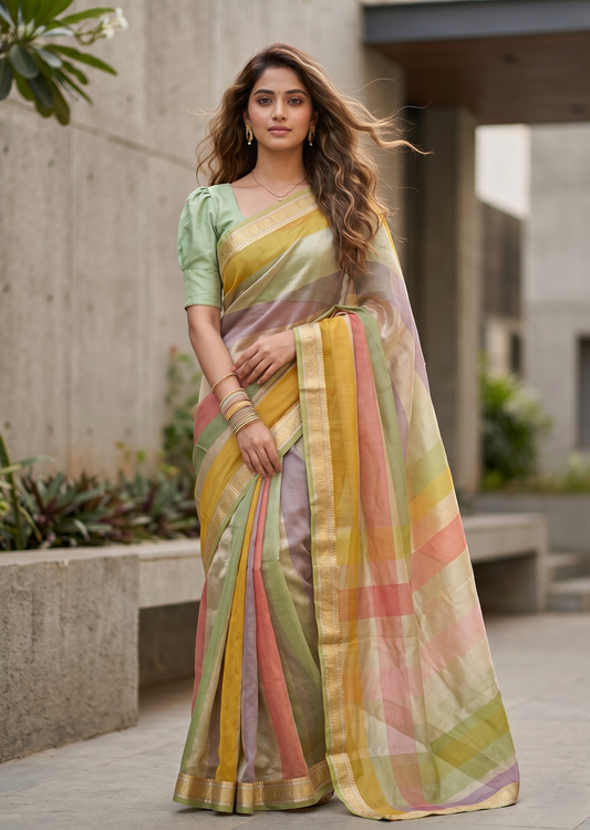 Southloom Tissue Organza Saree With Stripes Design in Multicolour SL353
